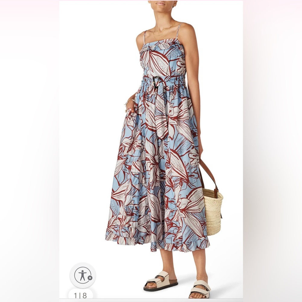 Nicolas Julie dress Floral Blue white and brown Midi Dress with belt and pockets